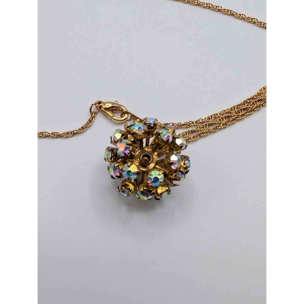 Vintage Gold Tone Link AB Aurora Borealis Crystal Bead Ball Pendant Necklace - Picture 7 of 10